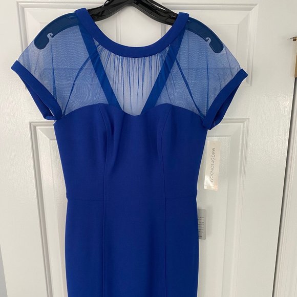 Maggy London Illusion Yoke Crepe Cocktail Dress Bristol Blue - Picture 4 of 6
